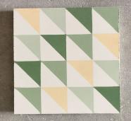 Mosáico artesano geométrico con triángulos en fila en verde, amarillo y blanco